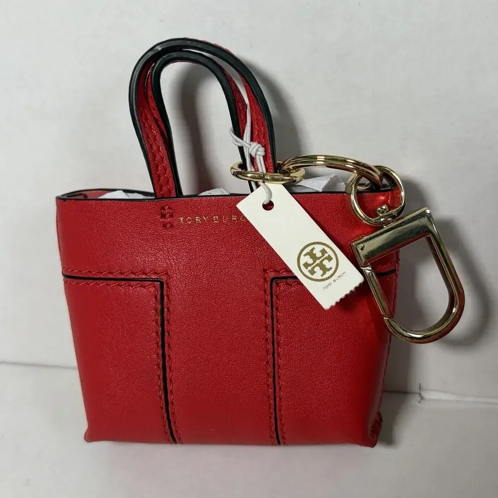 Tory Burch Mini Block-T Tote Bag Charm Key Fob Red Gold Hardware NWT